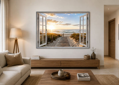 Tableau trompe l'œil bord de mer au coucher du soleil
