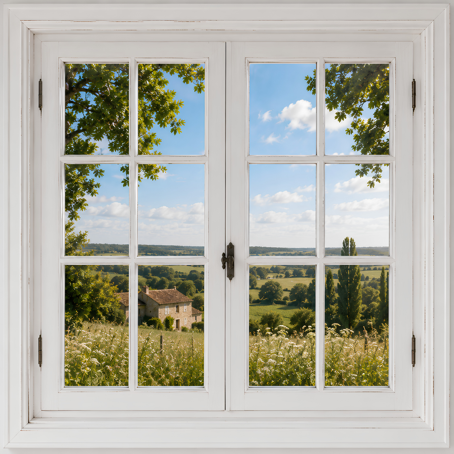 Tableau trompe l'œil fenêtre donnant sur une campagne verdoyante
