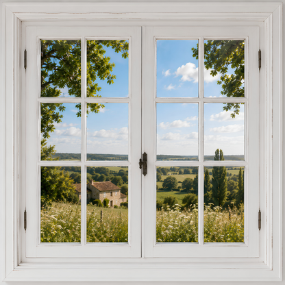 Tableau trompe l'œil fenêtre donnant sur une campagne verdoyante
