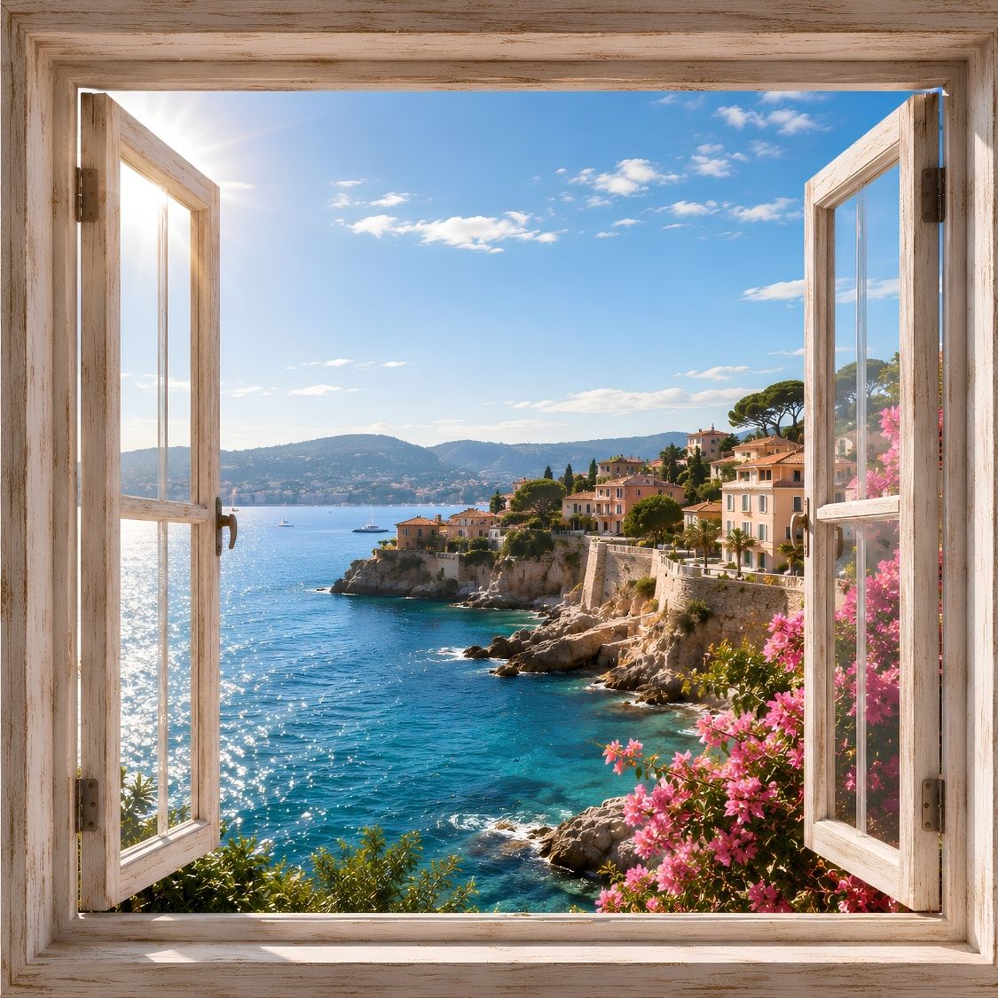 Tableau trompe l'œil fenêtre ouverte sur la Côte d'Azur

