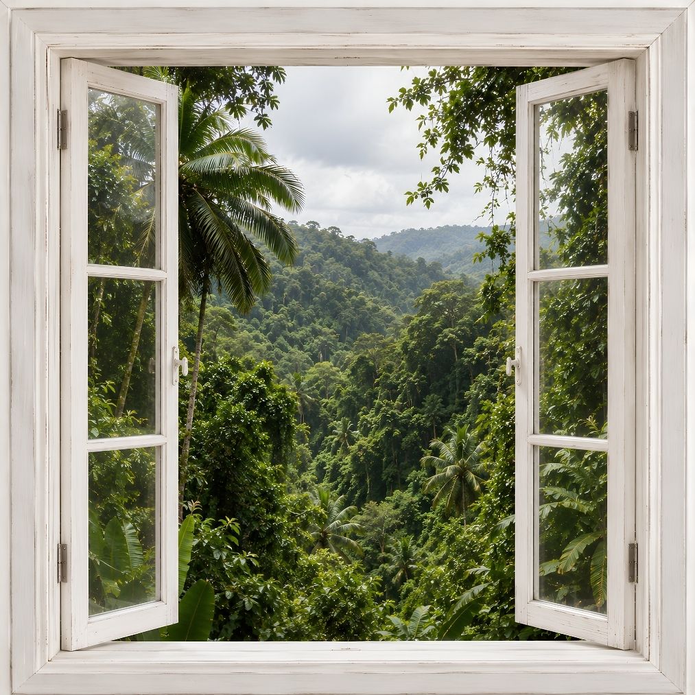 Tableau trompe l'œil fenêtre ouverte sur une jungle tropicale
