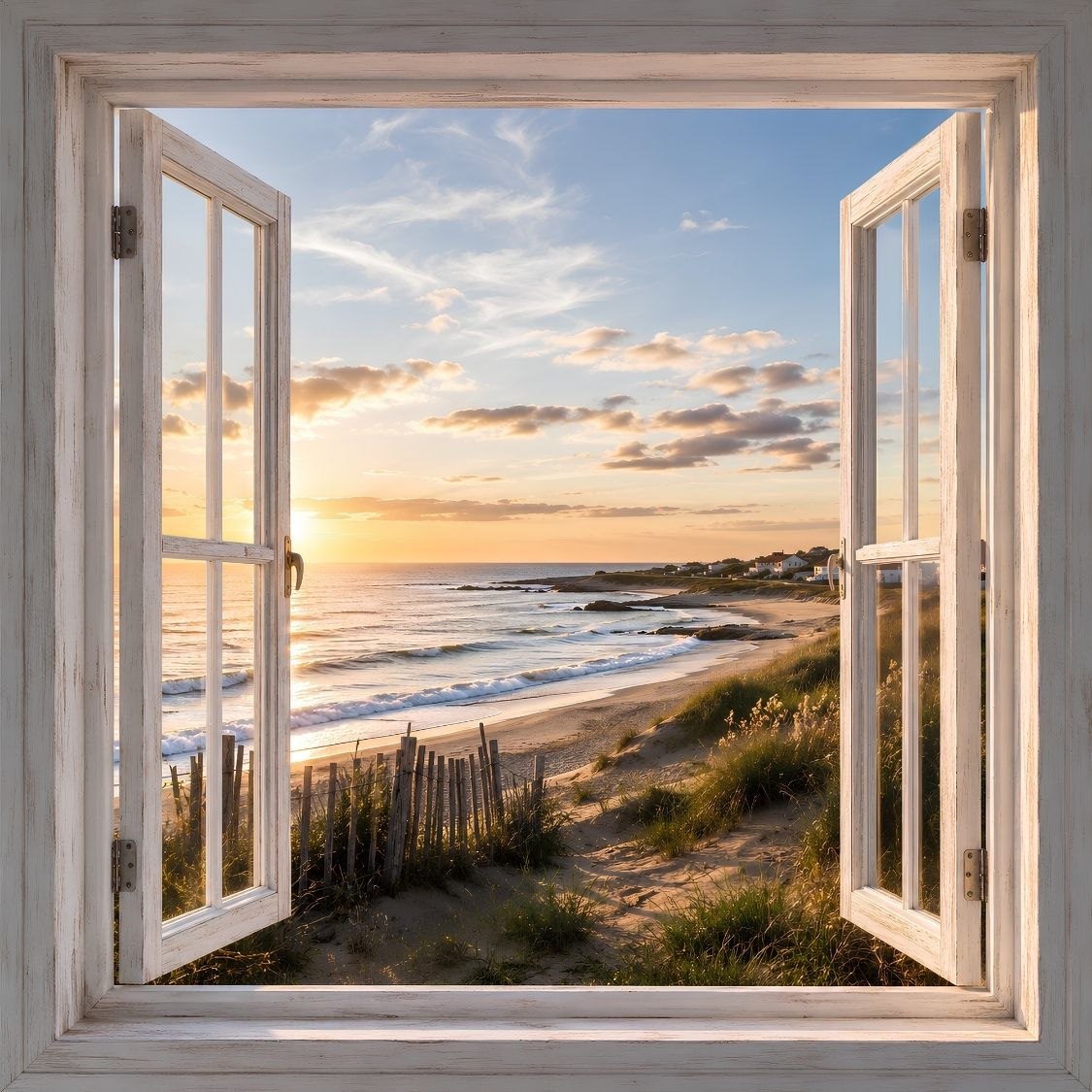 Tableau trompe l'œil fenêtre ouverte sur la mer et la plage
