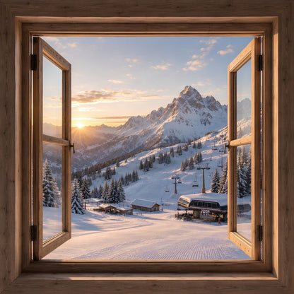 Tableau trompe l'œil fenêtre ouverte sur les pistes de ski
