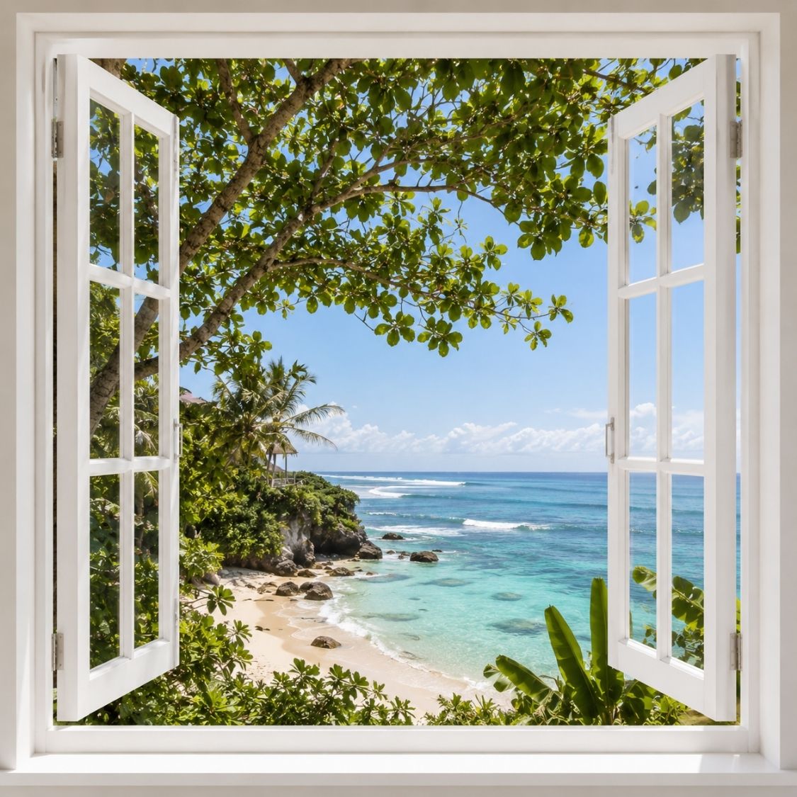 Tableau trompe l'œil fenêtre ouverte sur une plage tropicale
