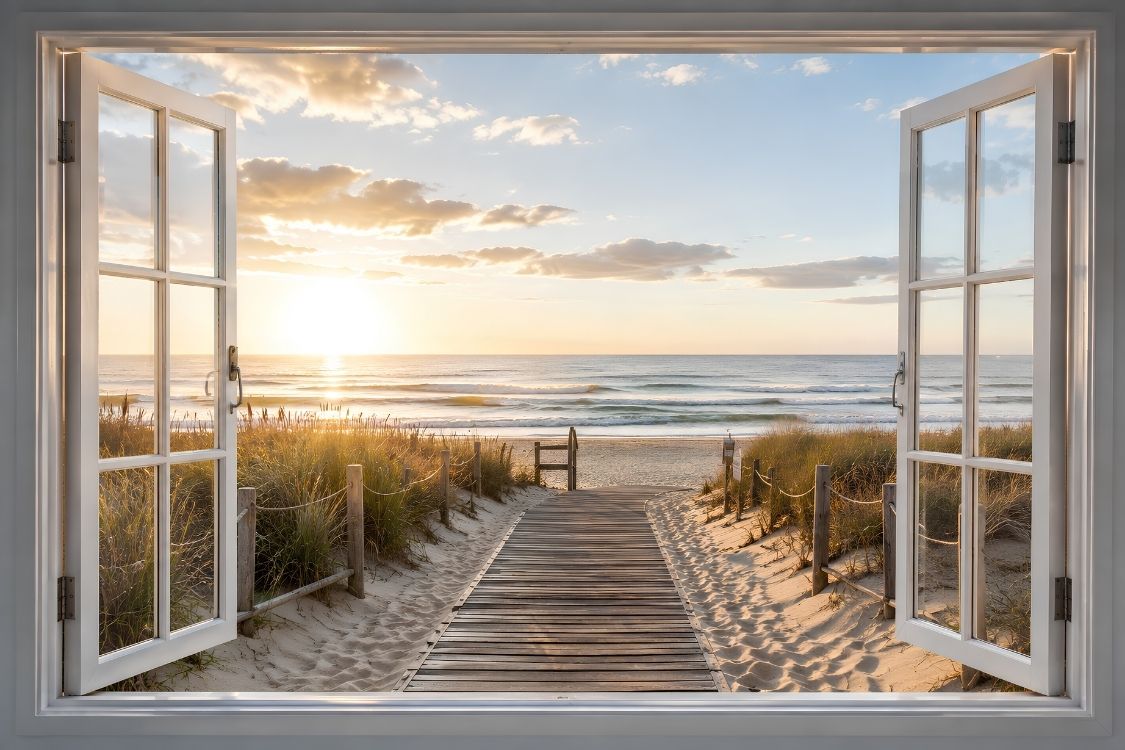 Tableau trompe l'œil fenêtre ouverte sur la plage et l'océan
