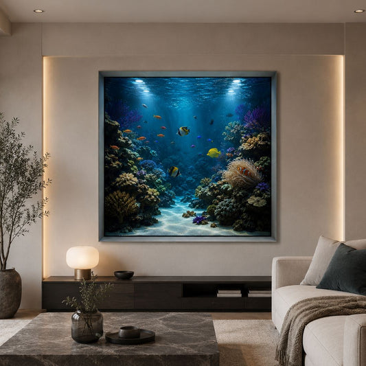 Tableau trompe l'œil fonds marins avec aquarium et récif corallien
