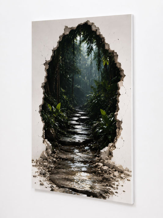 Tableau trompe l'œil forêt tropicale avec chemin de pierre
