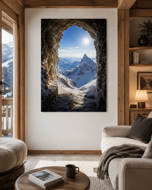 Tableau trompe l'œil grotte ouverte sur un massif enneigé
