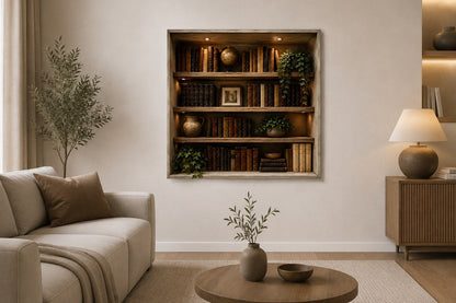 Tableau trompe l'œil livres anciens avec bibliothèque éclairée
