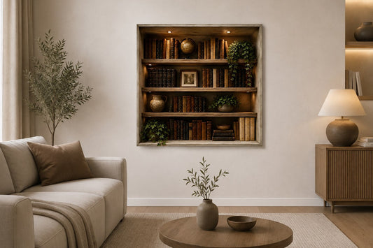 Tableau trompe l'œil livres anciens avec bibliothèque éclairée
