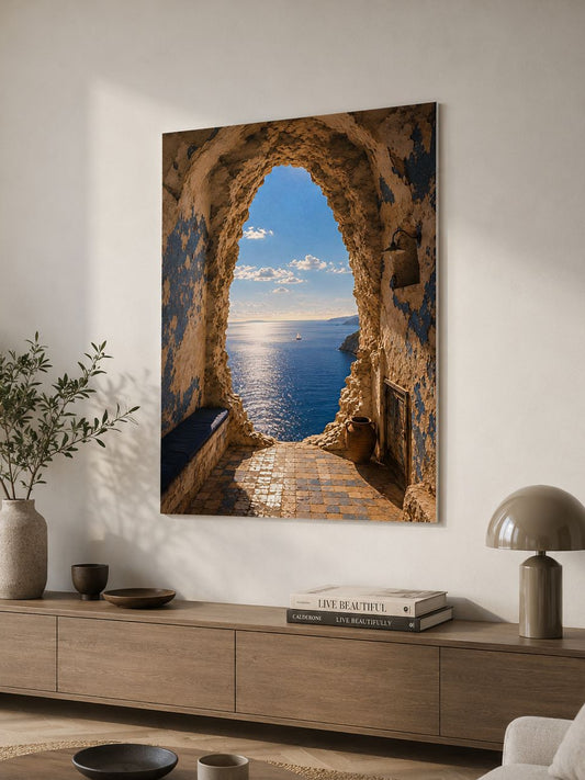 Tableau trompe l'œil mer avec voilier et architecture méditerranéenne
