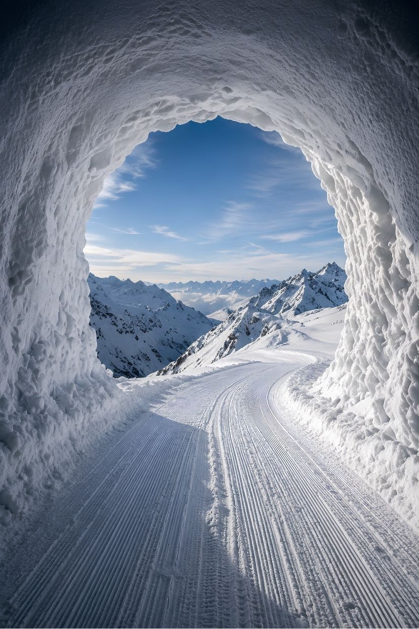Tableau paysage de montagne imprimé sur PVC 5 mm, perspective immersive d'une piste enneigée traversant un tunnel
