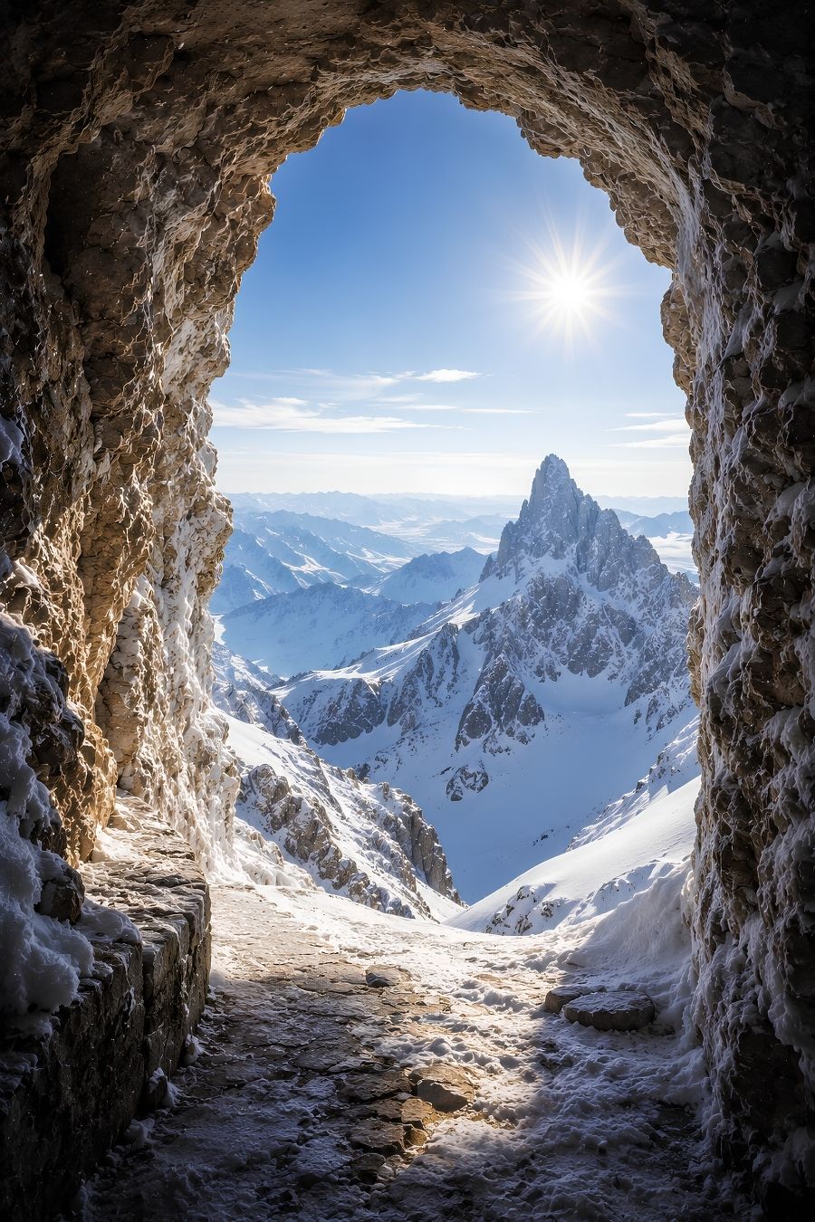 Tableau trompe l'œil montagne vu depuis une grotte enneigée
