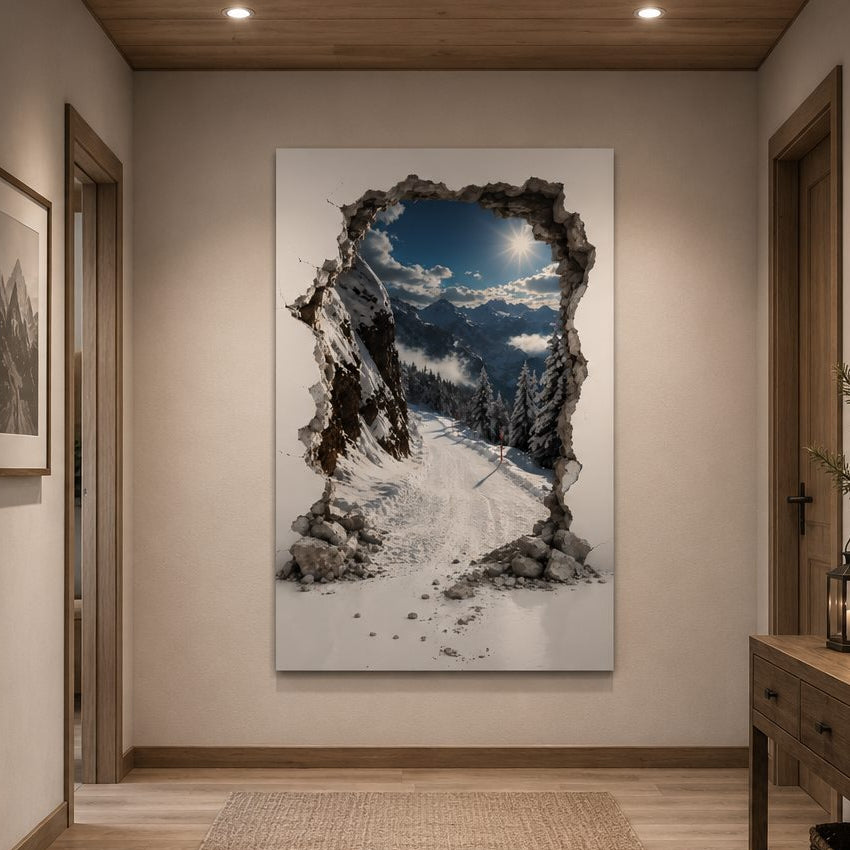 Tableau trompe l'œil montagne avec mur brisé et sommets enneigés
