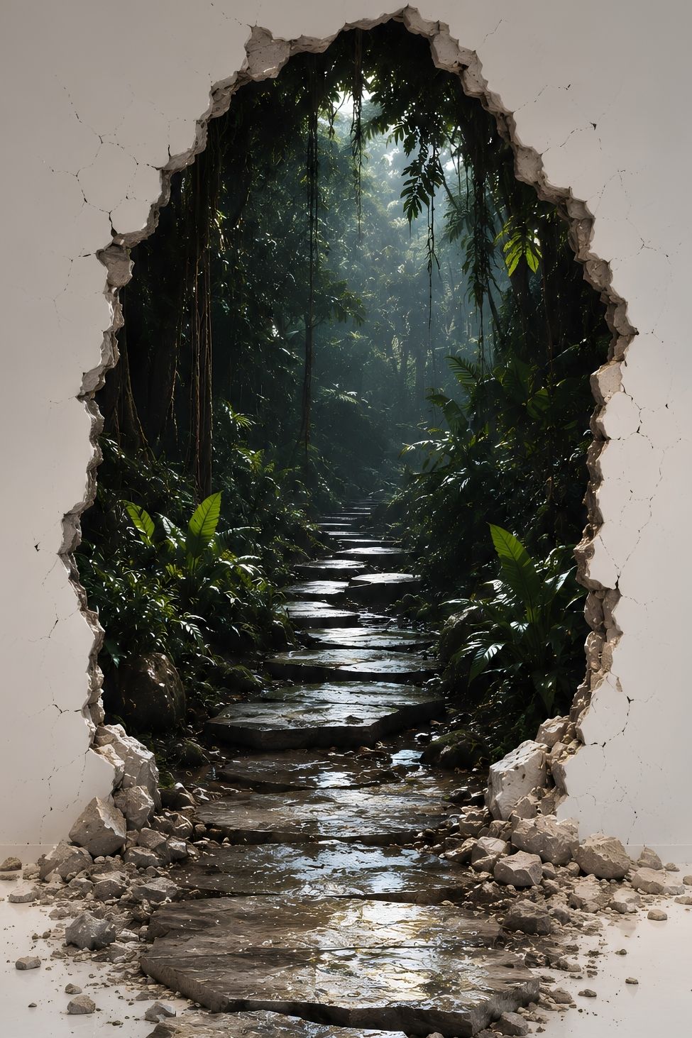 Tableau trompe l'œil mur cassé ouvrant sur une jungle tropicale
