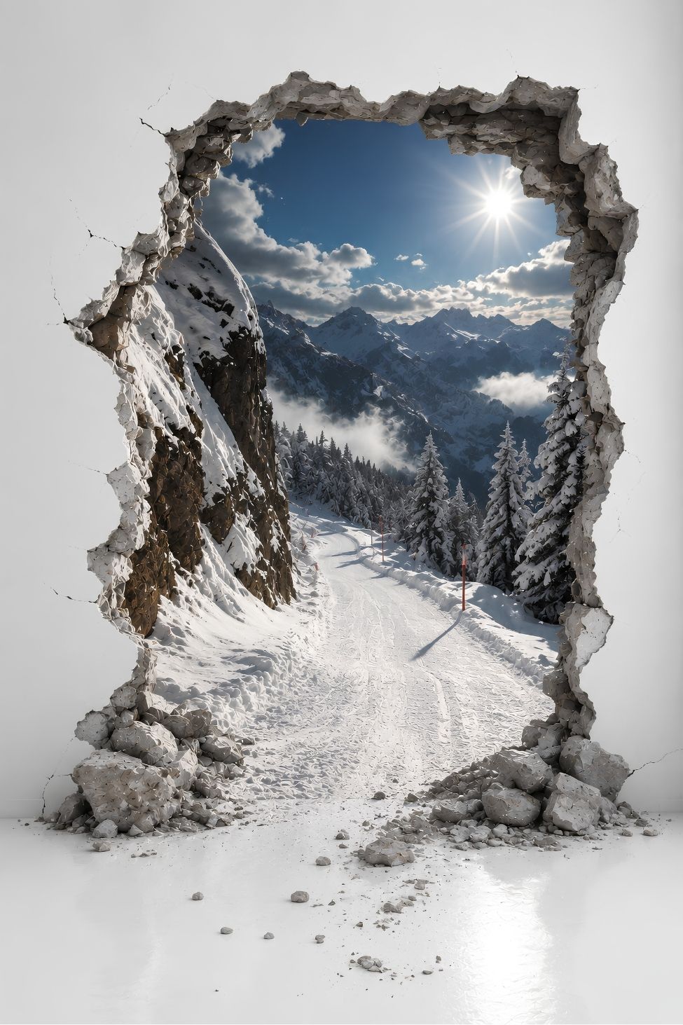 Tableau trompe l'œil mur cassé donnant sur une piste de ski
