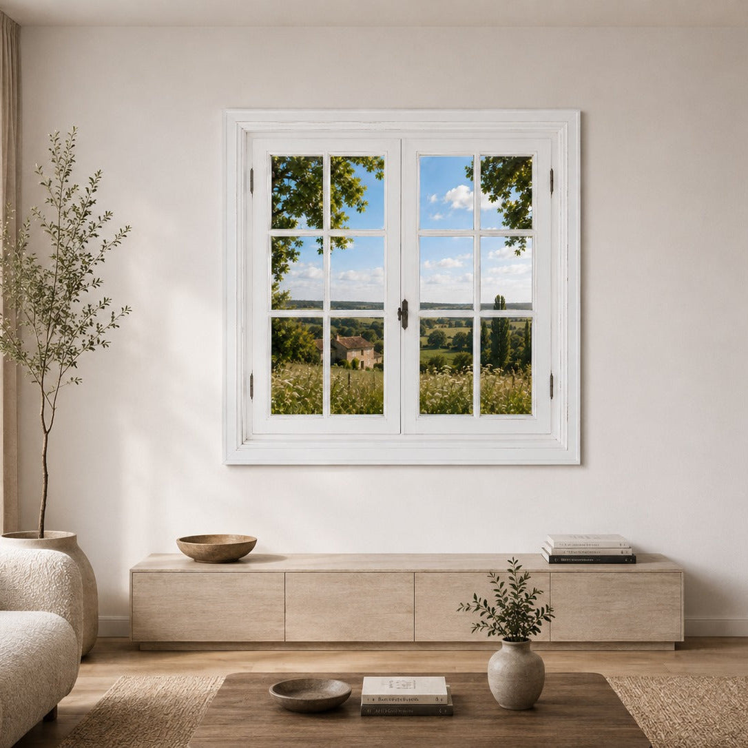 Tableau trompe l'œil nature avec fenêtre et paysage champêtre

