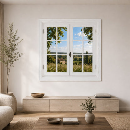 Tableau trompe l'œil nature avec fenêtre et paysage champêtre
