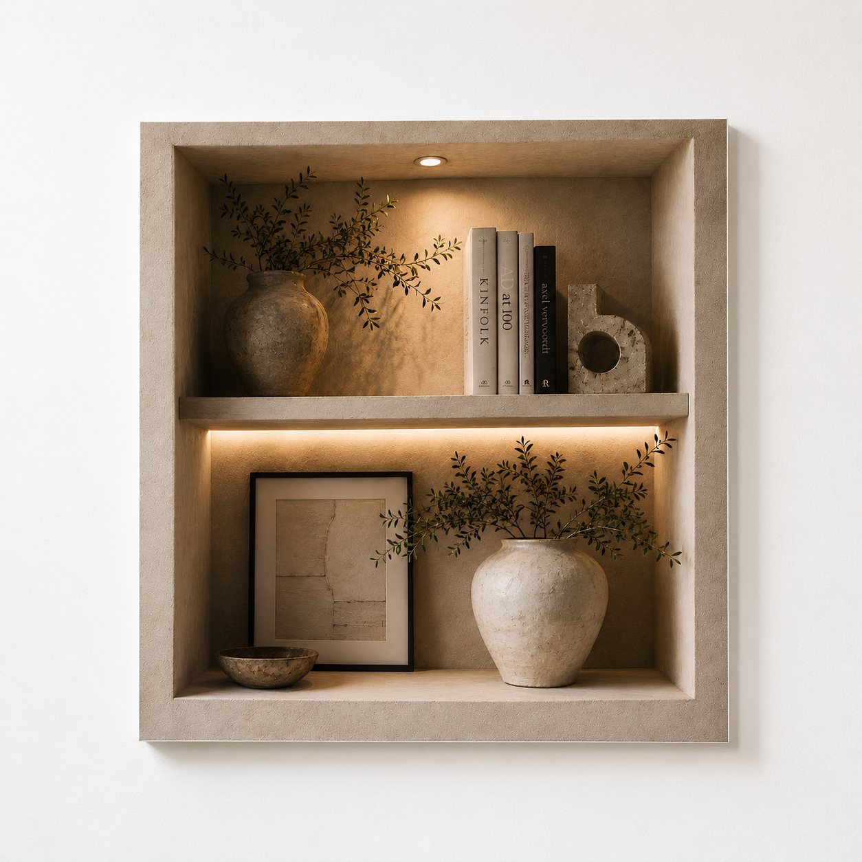 Tableau trompe l'œil niche beige avec vases et objets décoratifs
