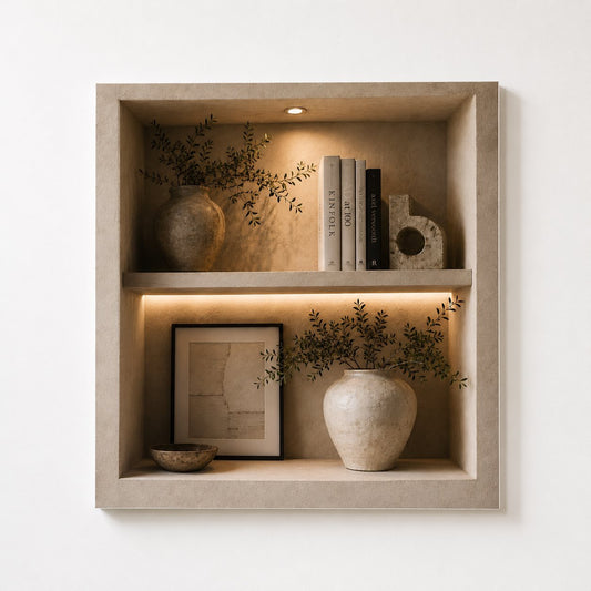 Tableau trompe l'œil niche beige avec vases et objets décoratifs
