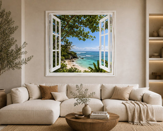 Tableau trompe l'œil plage tropicale avec végétation luxuriante
