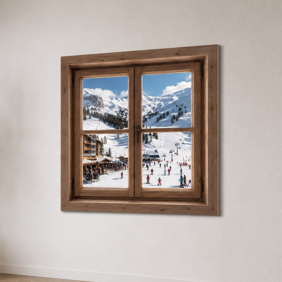 Tableau trompe l'œil avec fenêtre donnant sur une station de ski
