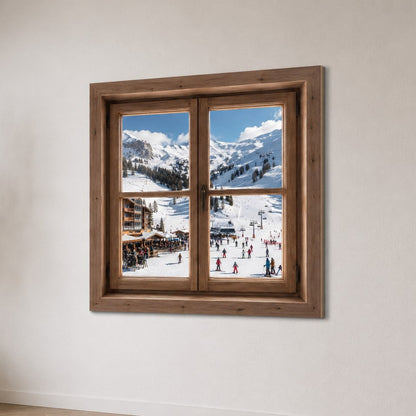 Tableau trompe l'œil avec fenêtre donnant sur une station de ski
