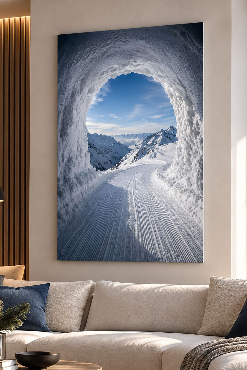 Tableau trompe-l'œil Échappée Alpine dans un salon contemporain, créant une illusion d'ouverture vers les montagnes
