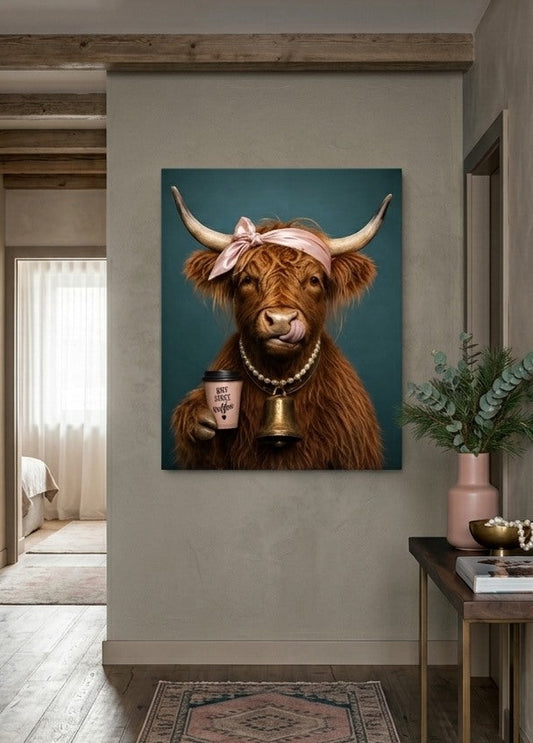 Tableau vache Highland drôle avec café intégré dans une décoration contemporaine d'inspiration montagne
