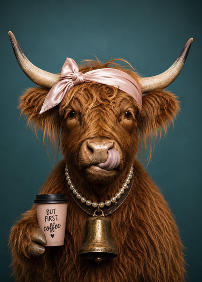 Vache Highland rousse avec bandeau rose, cloche et café sur fond bleu pétrole, tableau animal drôle et contemporain
