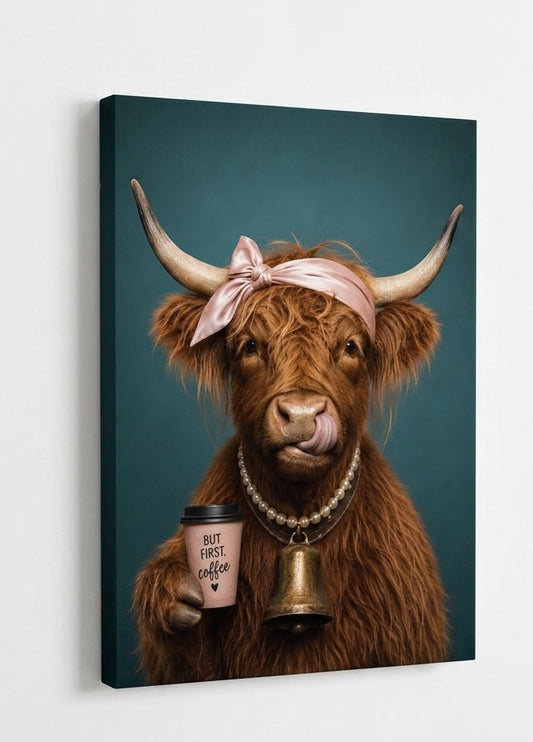 Profil du tableau vache Highland drôle imprimé sur toile montée sur châssis bois, avec finition soignée sur les côtés
