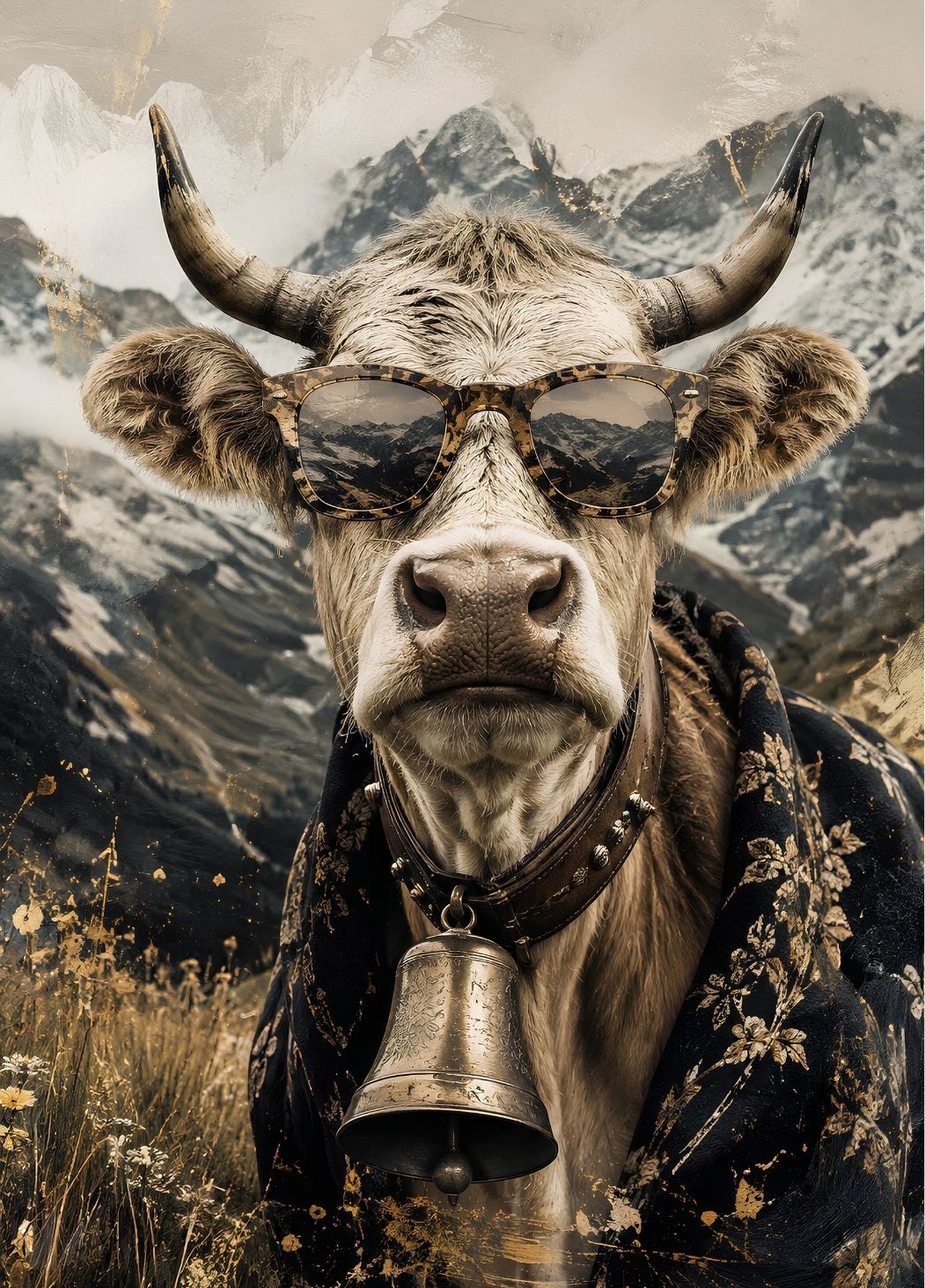 Portrait d'une vache à lunettes devant les montagnes

