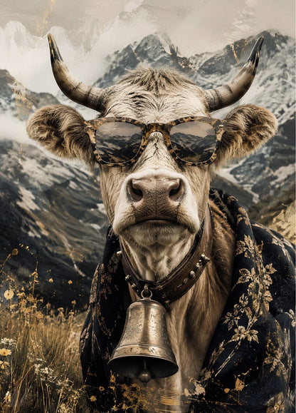 Portrait d'une vache à lunettes devant les montagnes
