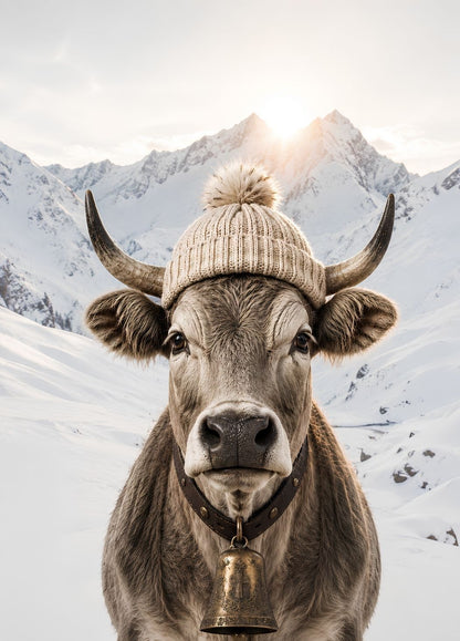 Vache de montagne avec bonnet à pompon et cloche devant des sommets enneigés, tableau montagne original et lumineux
