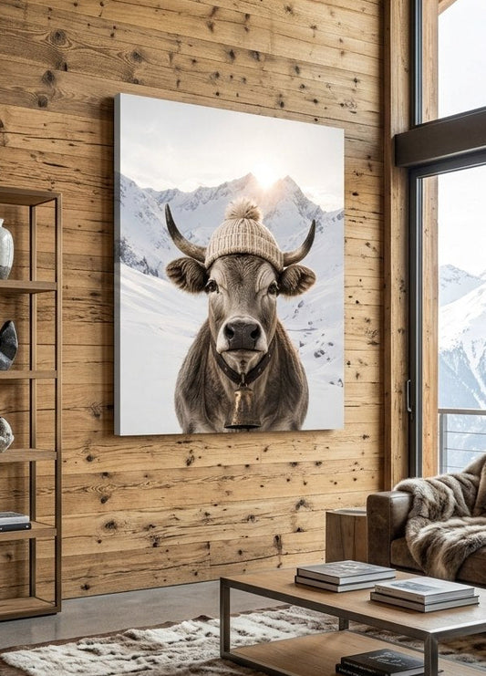 Tableau vache montagne avec bonnet et cloche présenté dans une décoration de chalet contemporain aux tons naturels
