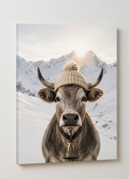 Profil du tableau vache montagne avec bonnet et cloche imprimé sur toile montée sur châssis bois avec finition soignée
