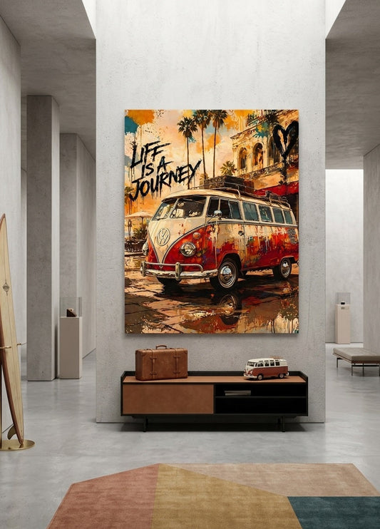 Tableau van life street art coloré avec projections peinture et style urbain moderne
