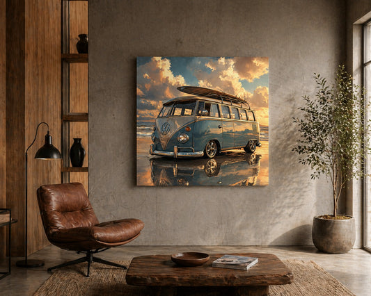 Tableau van surf vintage Volkswagen avec planche et ciel coloré coucher de soleil
