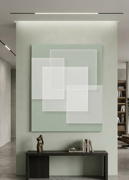 Tableau vert géométrique installé dans un salon contemporain épuré ambiance naturelle création exclusive Iconik-Art
