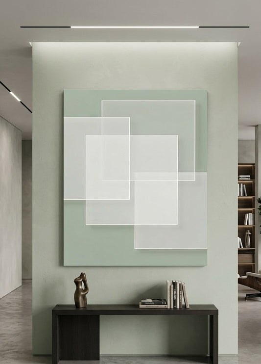 Tableau vert géométrique installé dans un salon contemporain épuré ambiance naturelle création exclusive Iconik-Art
