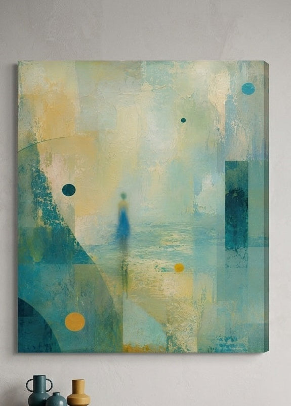 Tableau vert d'eau de figuration contemporaine avec personnage féminin flouté
