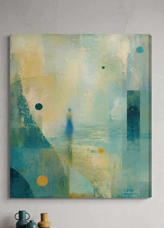 Tableau vert d'eau de figuration contemporaine avec personnage féminin flouté
