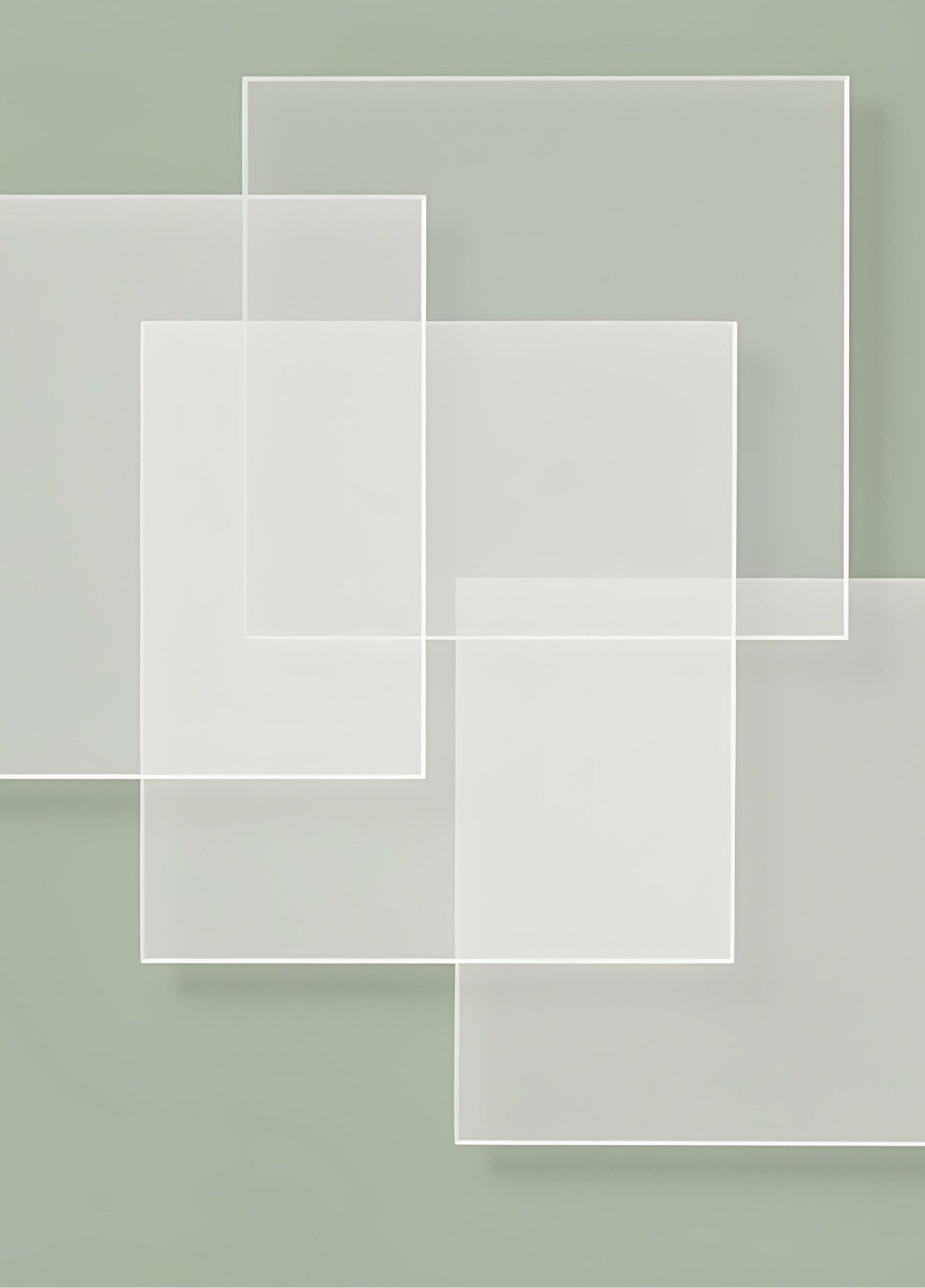 Tableau vert minimaliste composé de formes géométriques translucides sur fond vert sauge création exclusive Iconik-Art
