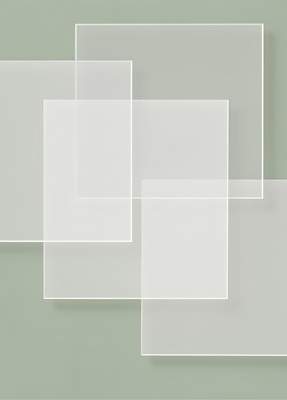 Tableau vert minimaliste composé de formes géométriques translucides sur fond vert sauge création exclusive Iconik-Art
