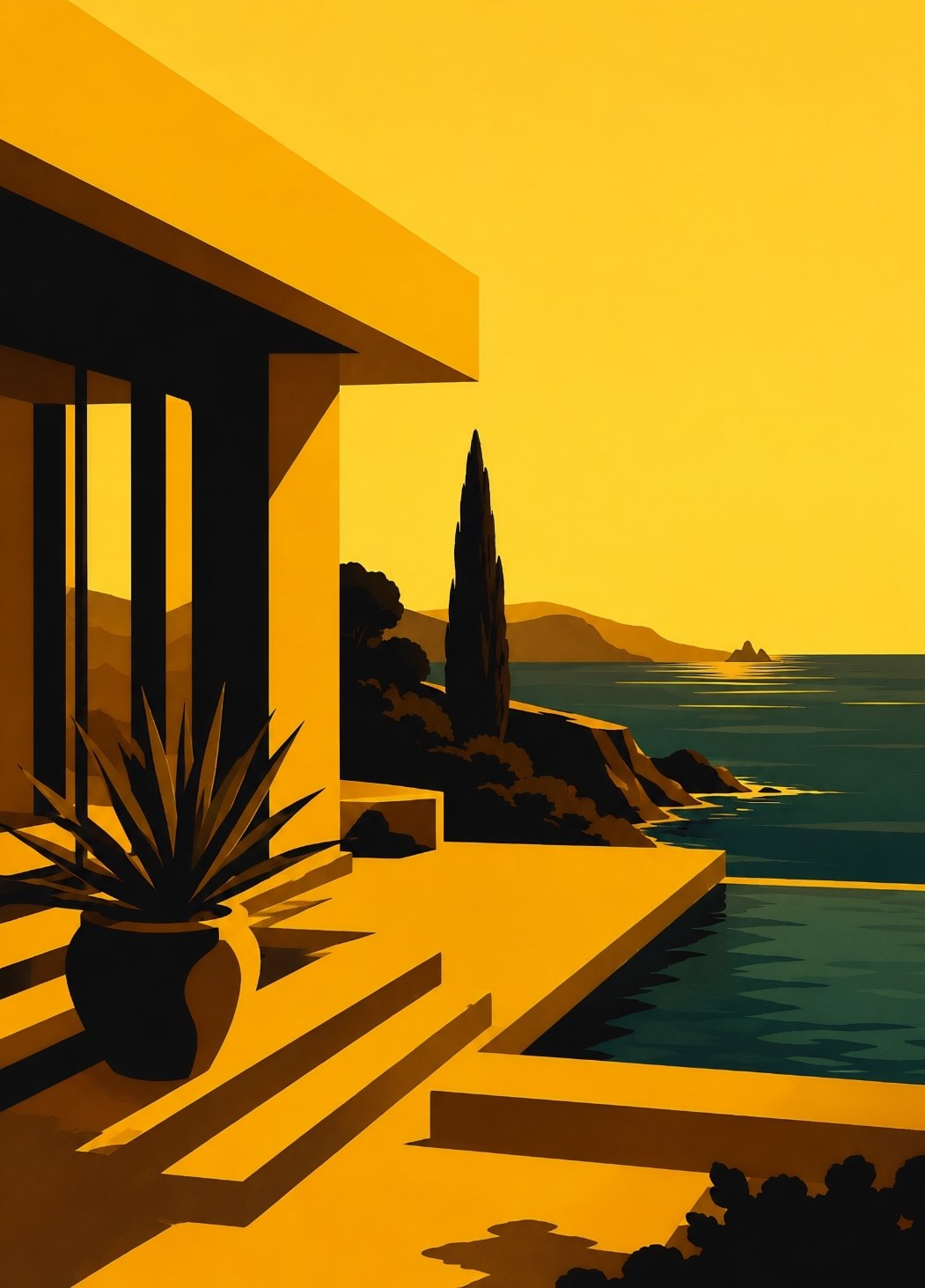 Tableau villa moderne avec vue mer et lumière dorée contemporaine
