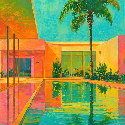 Tableau architecture moderne avec piscine et couleurs vibrantes inspiré des villas tropicales pour décoration murale
