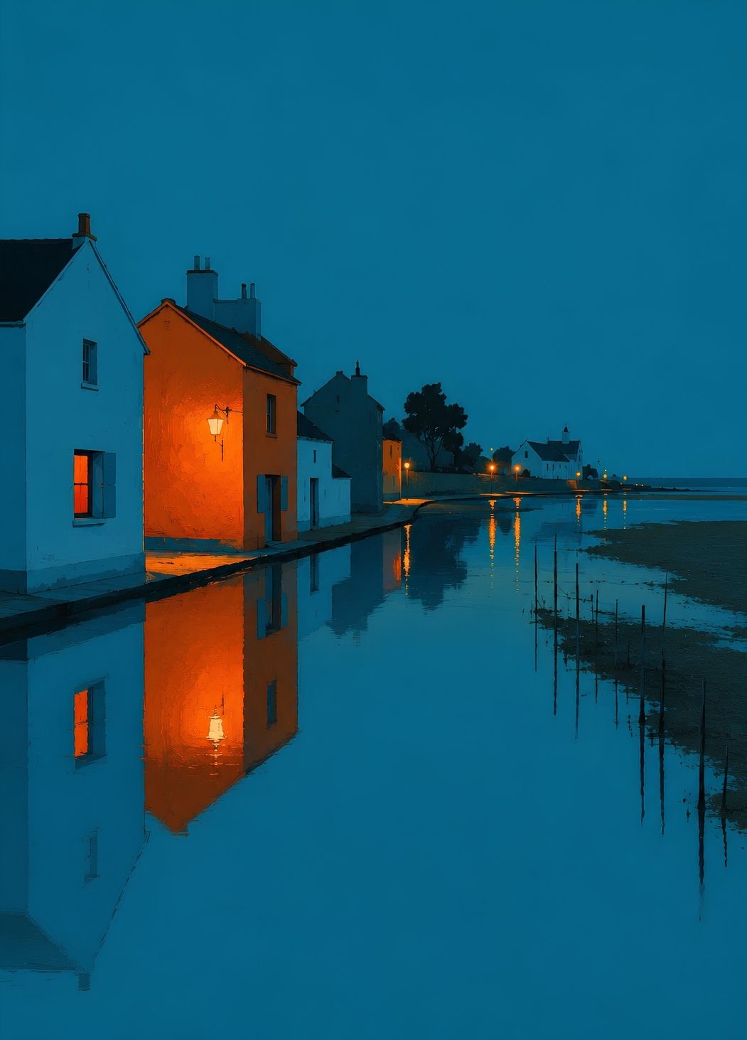Tableau village bord de mer contemporain au soleil couchant avec reflets sur l'eau
