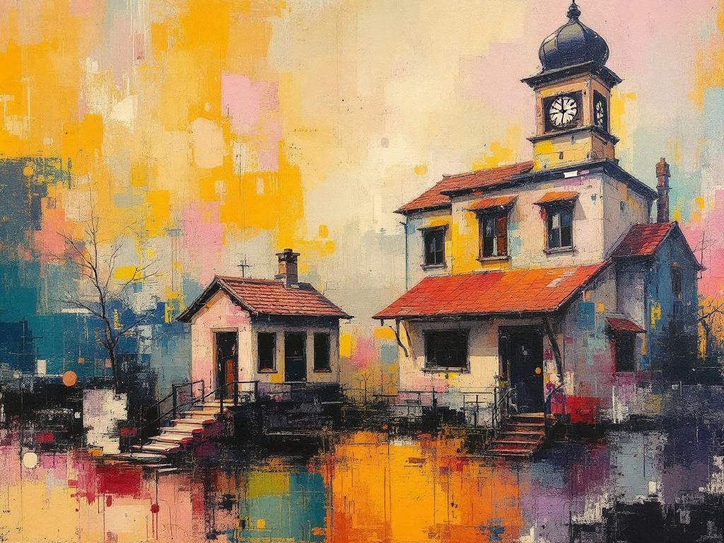 Tableau village iconique au clocher en peinture contemporaine
