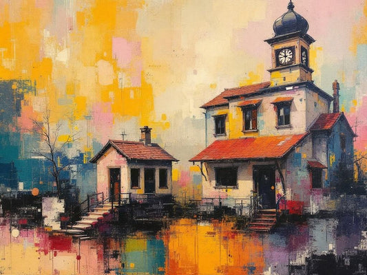 Tableau village iconique au clocher en peinture contemporaine
