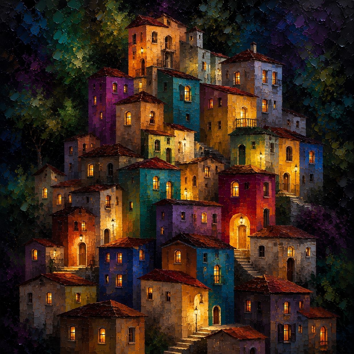 Village coloré illuminé de nuit dans une atmosphère féérique et chaleureuse
